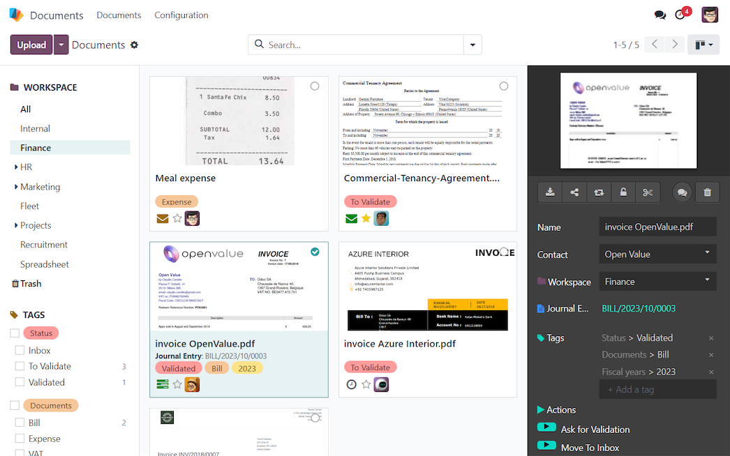 Interfaz de la aplicación Documentos de Odoo.